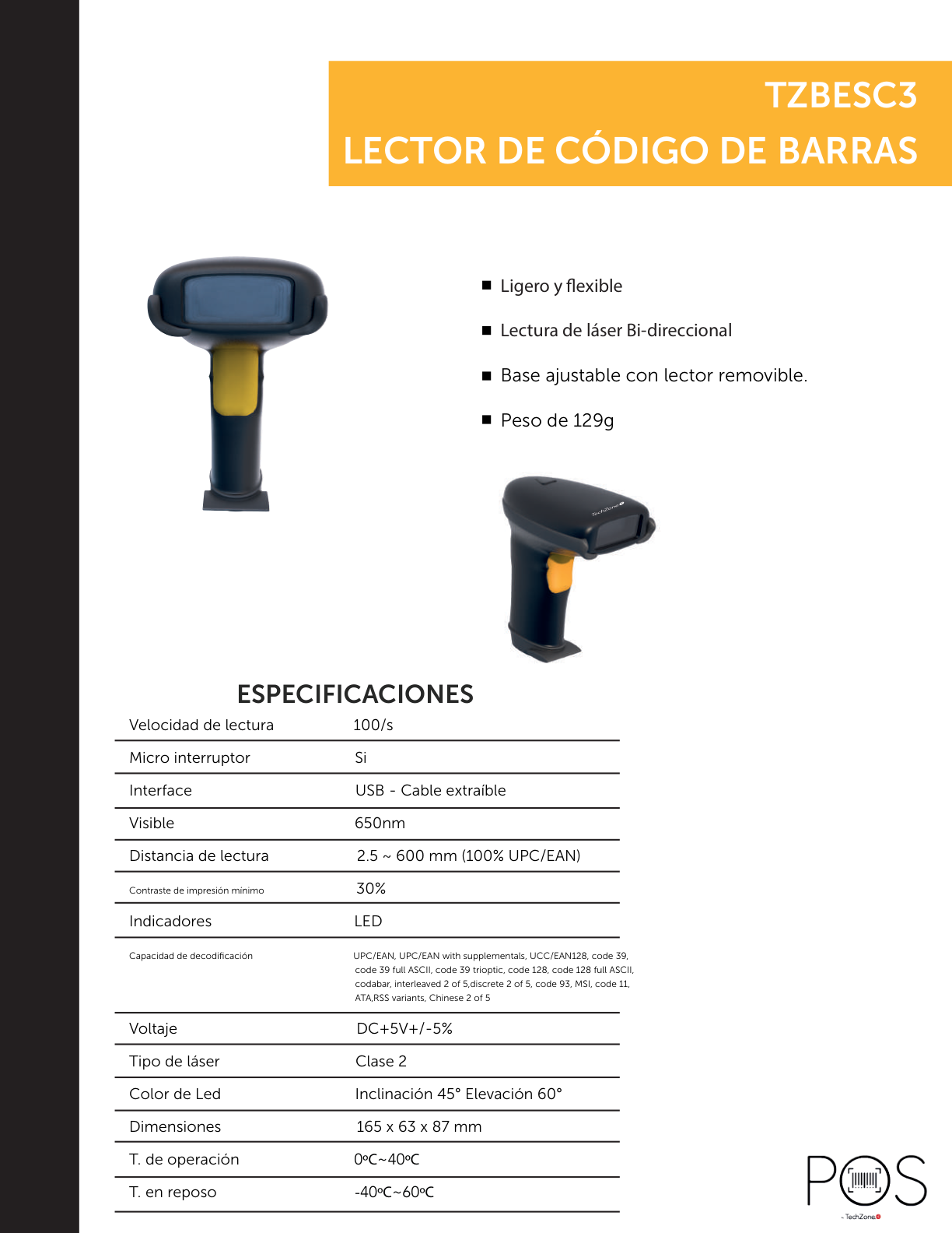 LECTOR  DE CODIGO DE BARRAS TECHZONE POS BI-DIRECCIONAL INTERFACE USB VEL 100/S GRIS