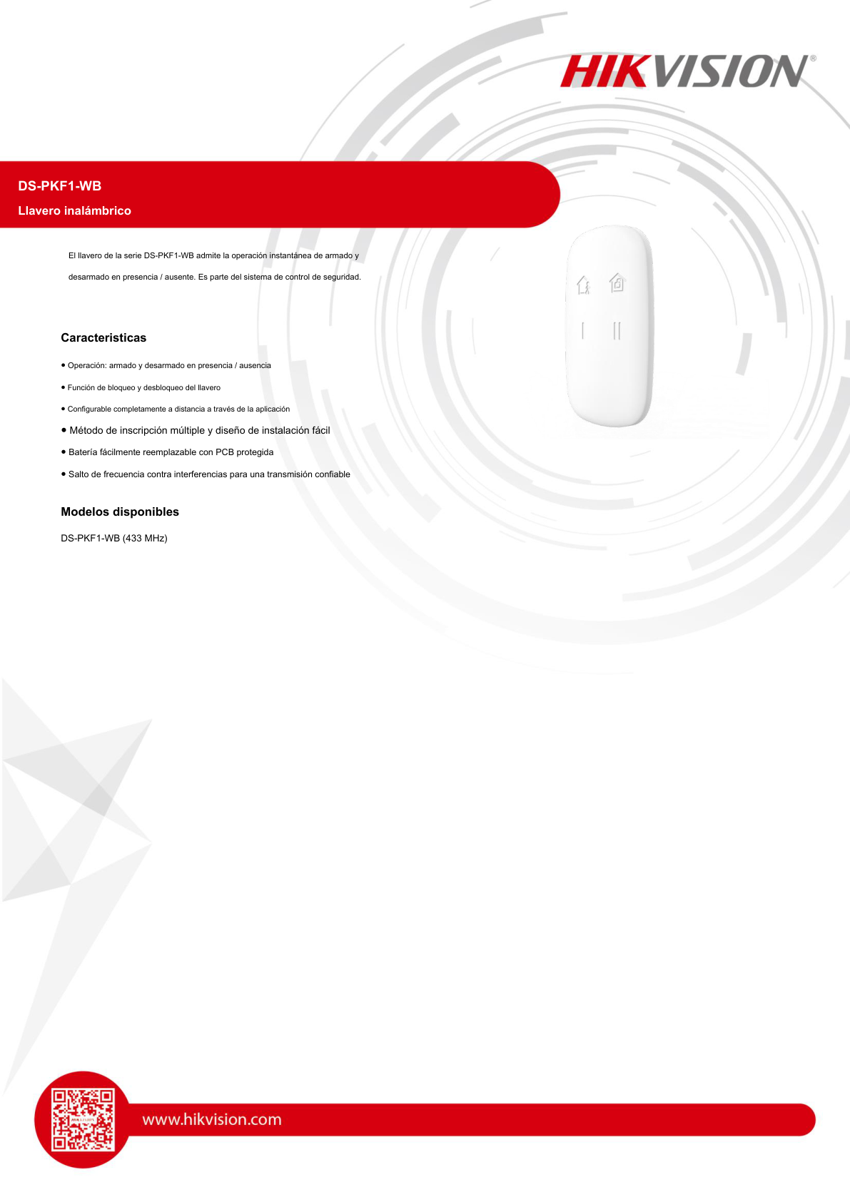 Control Hikvision DS-PKF1-WB remoto para armado y desarmado teclas con funciones programables