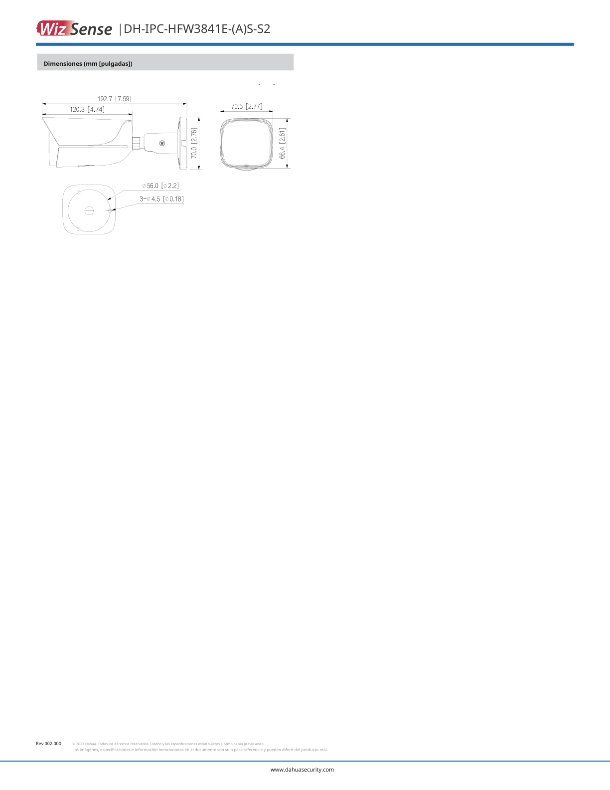 Camara Dahua DH-IPC-HFW3841E-AS-S2 IP bullet 8 mpx lente 2.8 mm metalica exterior 107 gds wizense IA microfono integrado audio PoE IP67