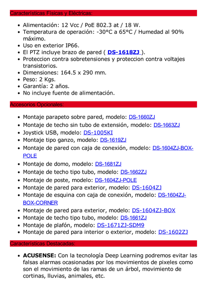 Domo PTZ IP 4 Megapixel / 15X Zoom / 100 mts IR / Exterior IP66 / DARKFIGHTER / ACUSENSE (Evita Falsas Alarmas) / Detección Facial / WDR 120 dB / Entrada y Salida de Audio y Alarmas / HLC / EIS / PoE+ / MicroSD