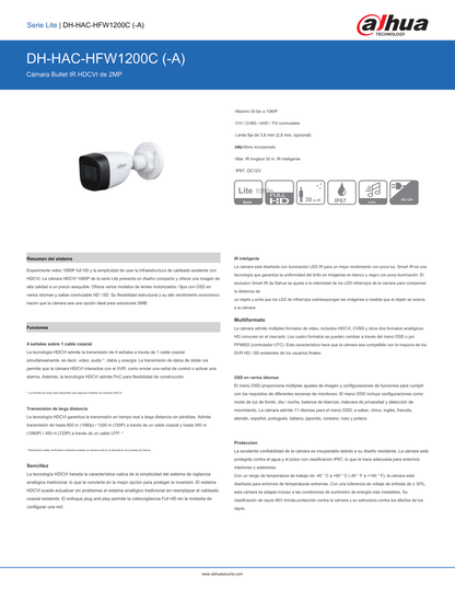 Camara Dahua DH-HAC-HFW1200CN-A-0280B-S5 bullet 1080p lente 2.8mm IR 30 m policarbonato exterior e interior microfono integrado IP67