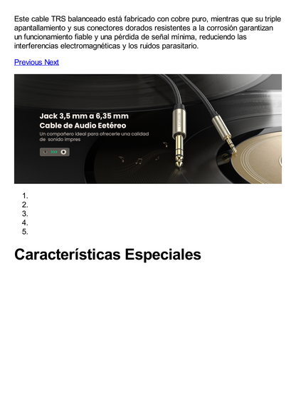 Cable Audio Estéreo 3.5mm (1/8") TRS a 6.35mm (1/4") TS / 1 Metro / Audio de Hi-Fi / Trenza de Nylon / Blindaje Múltiple / Caja de Aleación Zinc / Núcleo de Cobre Puro / Compatibilidad Universal