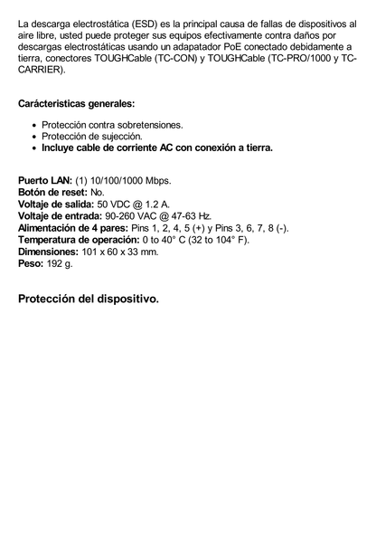 Adaptador PoE Ubiquiti de 50 VDC, 1.2 A puerto Gigabit para equipos airFiber