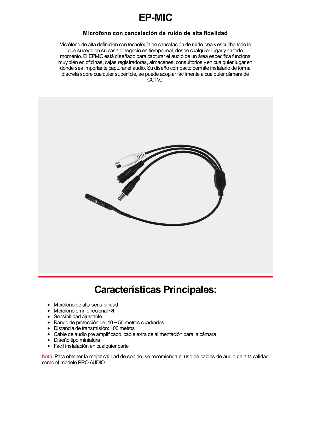 Micrófono con Cancelación de Ruido de Alta Fidelidad / Interior / 12 Vcc / Entrada RCA