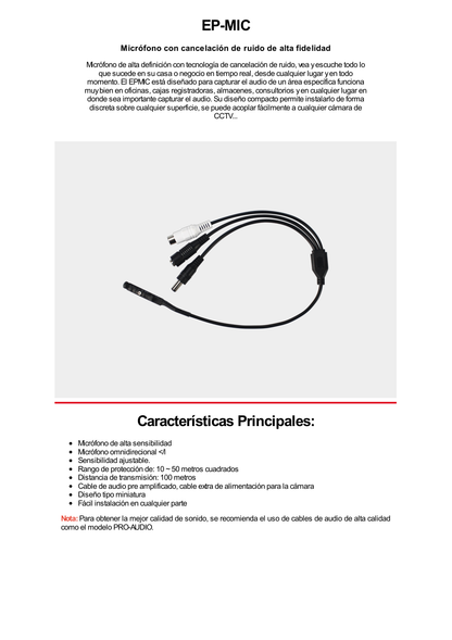 Micrófono con Cancelación de Ruido de Alta Fidelidad / Interior / 12 Vcc / Entrada RCA