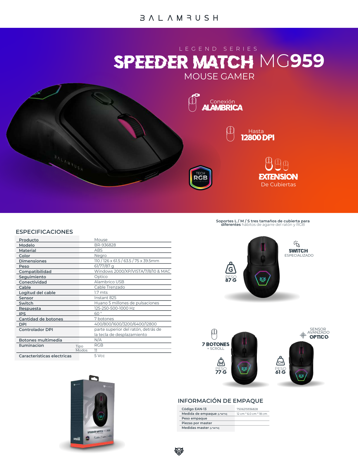 Mouse Balam Rush Speeder Match MG959 Negro Alambrico Cubiertas Intercambiables G M Ch 12800DPI RGB 7 Botones