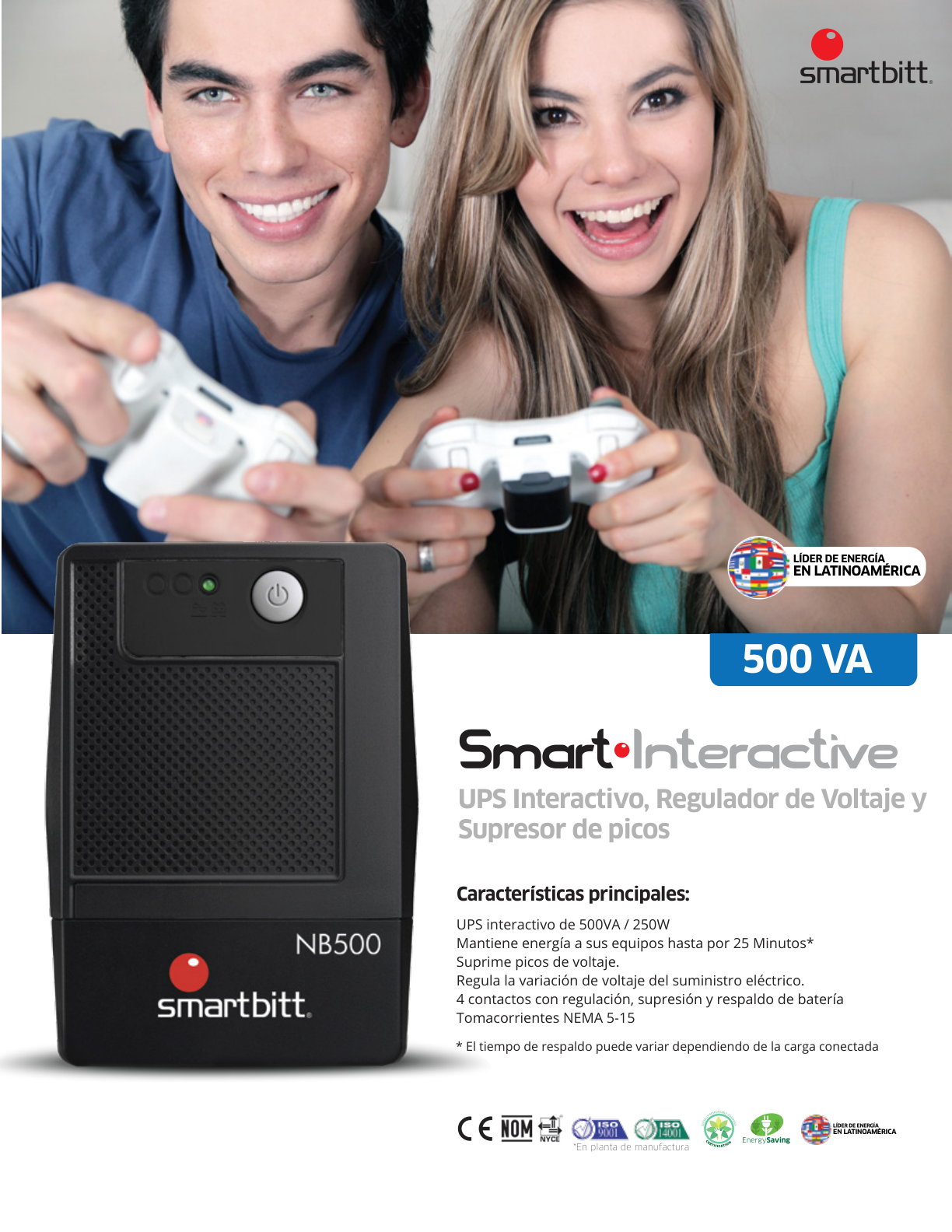 UPS interactivo Smartbitt SBNB500 500VA/250W 120V torre 4 NEMA 5-15R con respaldo batería regulación y supresor picos