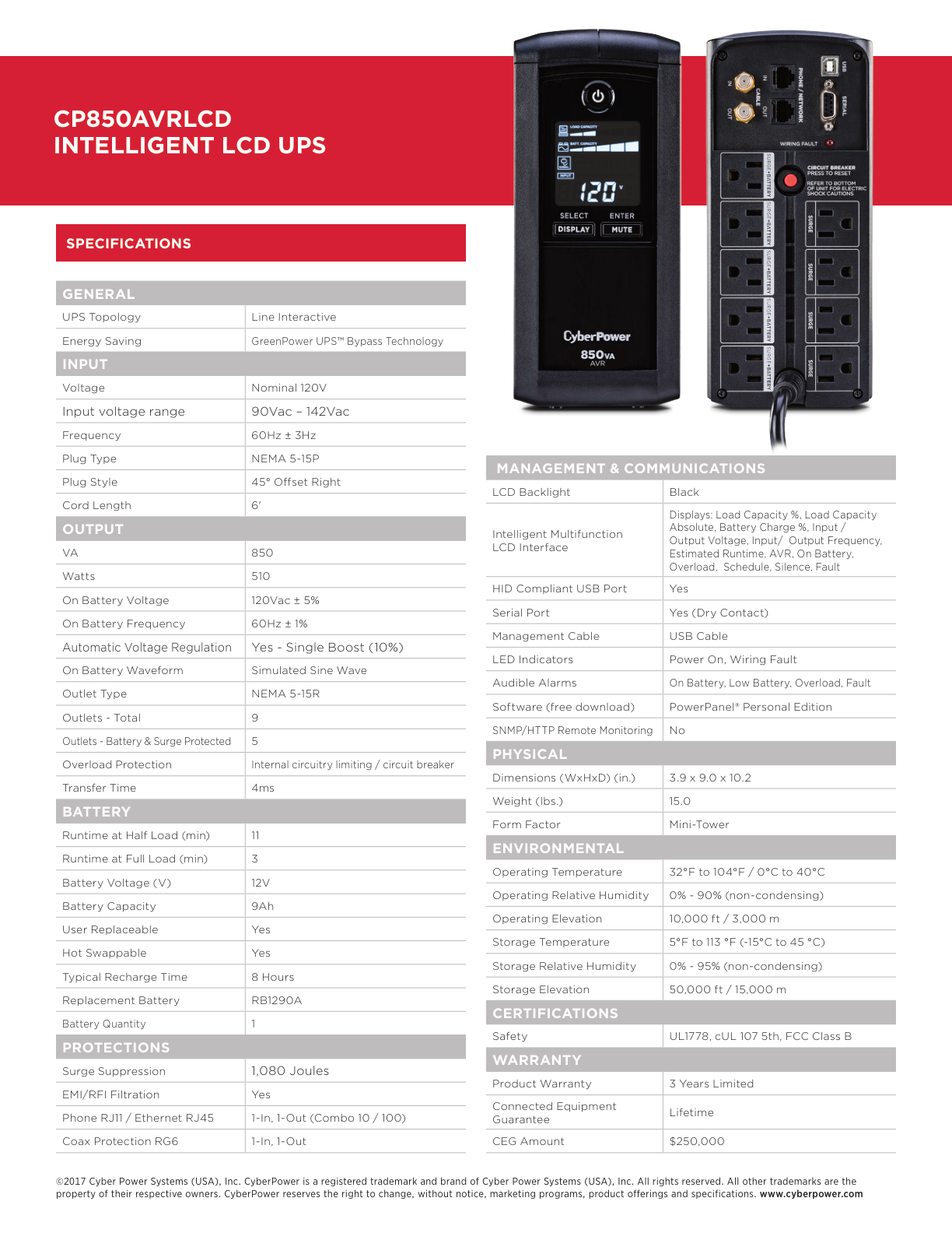 UPS CyberPower Intelligent LCD CP850AVRLCD 850VA/510W 9 NEMA 5-15R (5 c/protección batería) 120V Energy Star