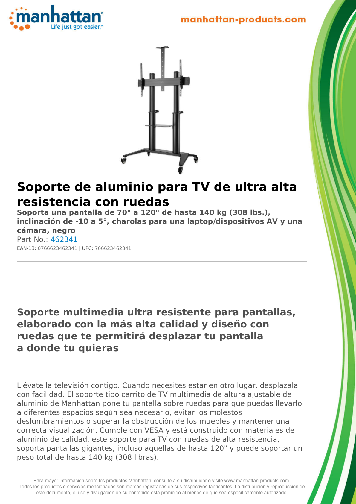 Soporte Manhattan para TV tipo carro de 70-120 pulg 140KG con inclinacion y ultraresistente