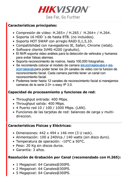 NVR 12 Megapixel (4K) / 64 Canales IP / 16 Bahías de Disco Duro / 4 Tarjetas de Red / RAID con Hot Swap / Reconocimiento Facial