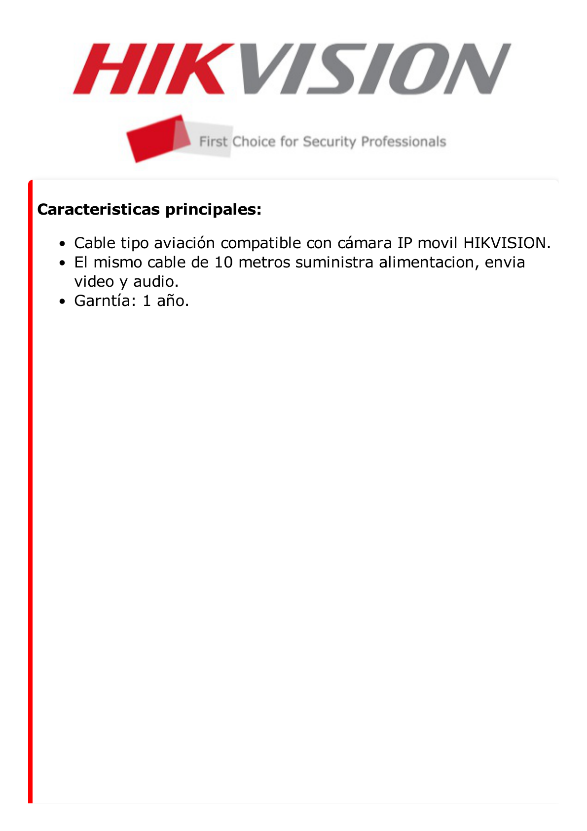 Cable Extensor de Vídeo y Audio de 10 Metros / Conector Tipo Aviación / Compatible con Cámara IP Móvil HIKVISION