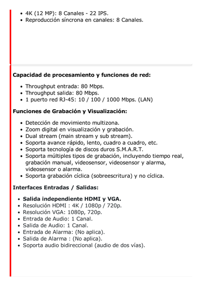 NVR 12 Megapíxel (4K) / 8 canales IP / 8 Puertos PoE+ / Reconocimiento Facial / AcuSense (Evita Falsas Alarmas) / 1 Bahías de Disco Duro / HDMI en 4K / 300 Metros PoE Modo Extendido