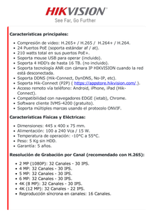 [Doble Poder de Decodificación] NVR 32 Megapixel (8K) / 32 Canales IP / 24 Puertos PoE+ / AcuSense / ANPR / Conteo de Personas / Heat Map / 4 Bahías de Disco Duro  / HDMI en 8K / Soporta POS / Alarmas I/O / ACUSEARCH