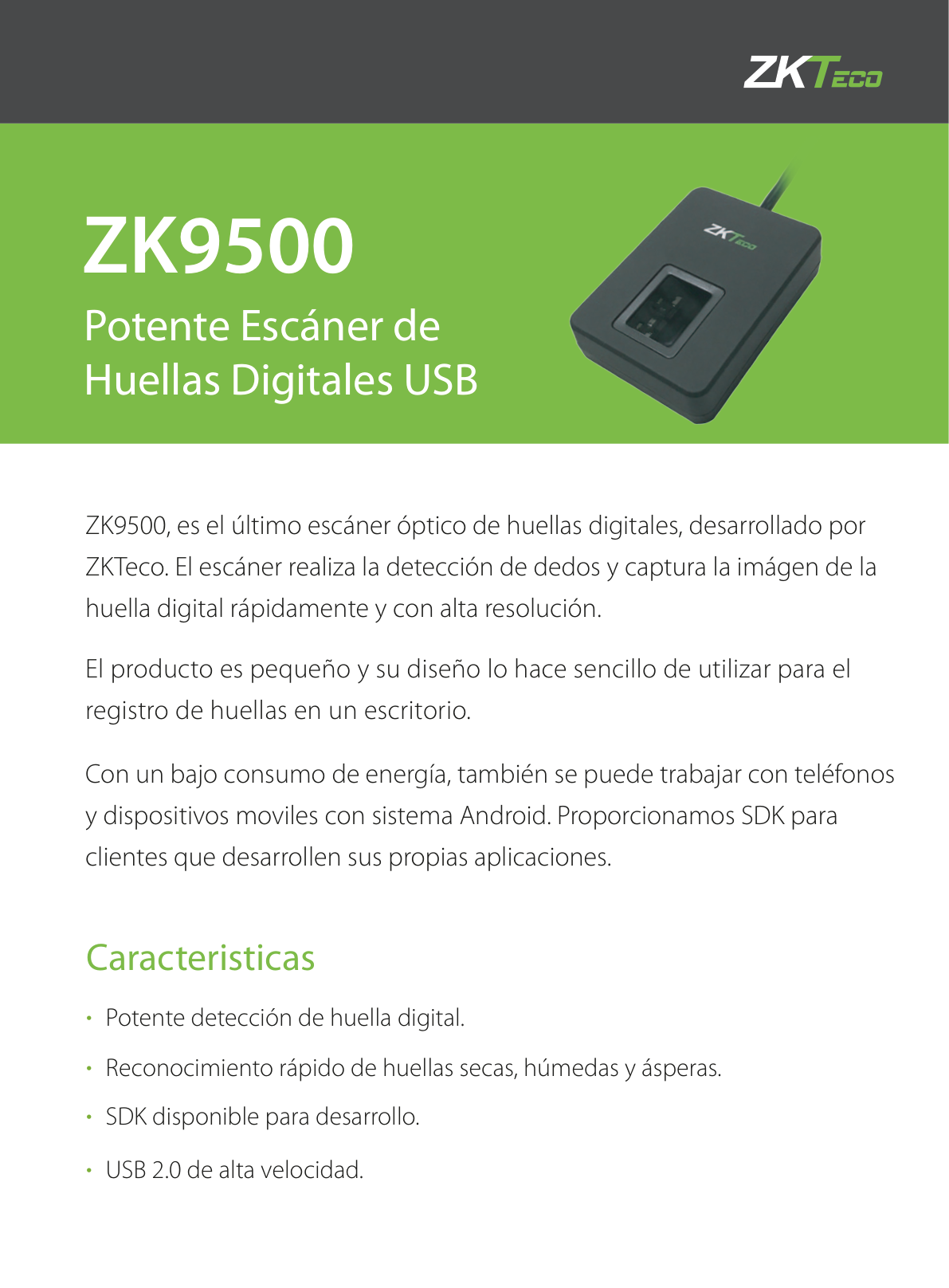 ZKTeco ZK9500 - Enrolador de Huella Digital por USB Conexión de Alta Velocidad USB 2.0