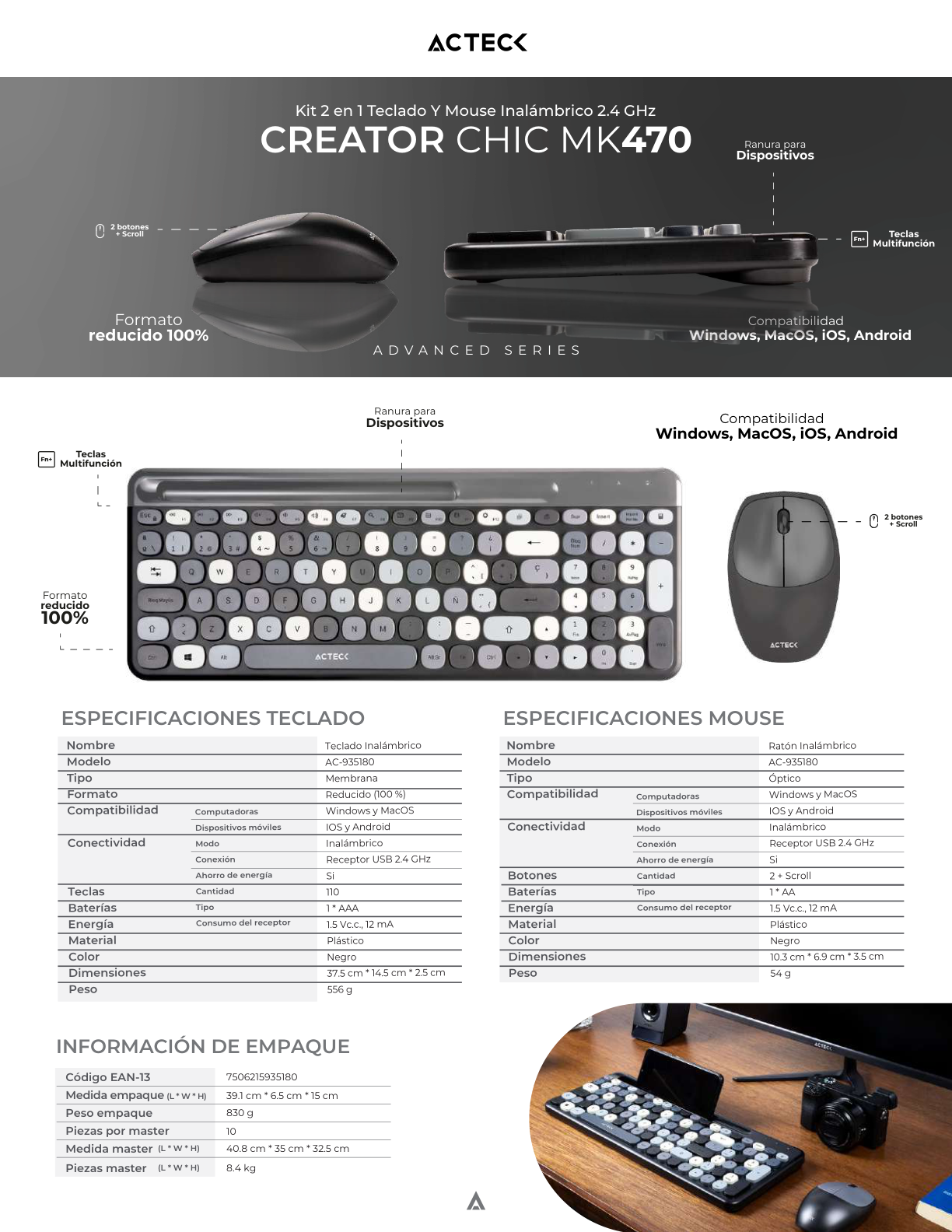 Kit Teclado y Mouse Creator Chic Colors MK470 Gris Inalambrico con soporte para smartphone