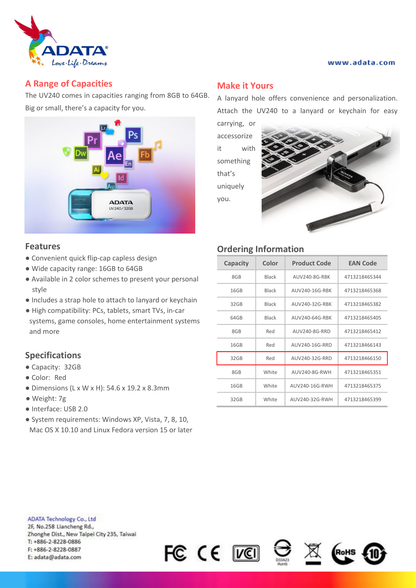 MEMORIA ADATA 32GB USB 2.0 AUV240-32G-RRD ROJA