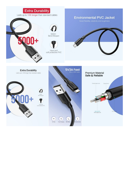 Cable USB-A a Micro USB | 1 Metro | Tecnología de Carga Rápida Qualcomm / QC 3.0/2.0 | Recarga hasta 18W | Transmisión de Datos hasta 480Mbps | Tecnología de Carga Segura | Hasta 5,000 Flexiones | ABS y PVC de Alta Duraci&o