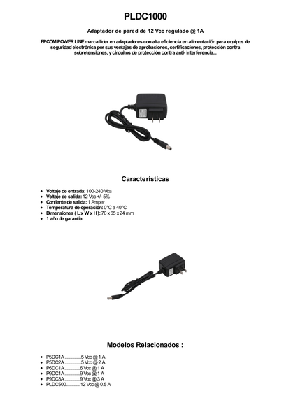 Adaptador de Pared de 12 Vcc @ 1 Amp Regulado / Uso en Interior / Múltiples Usos / Con cable de 95 cm