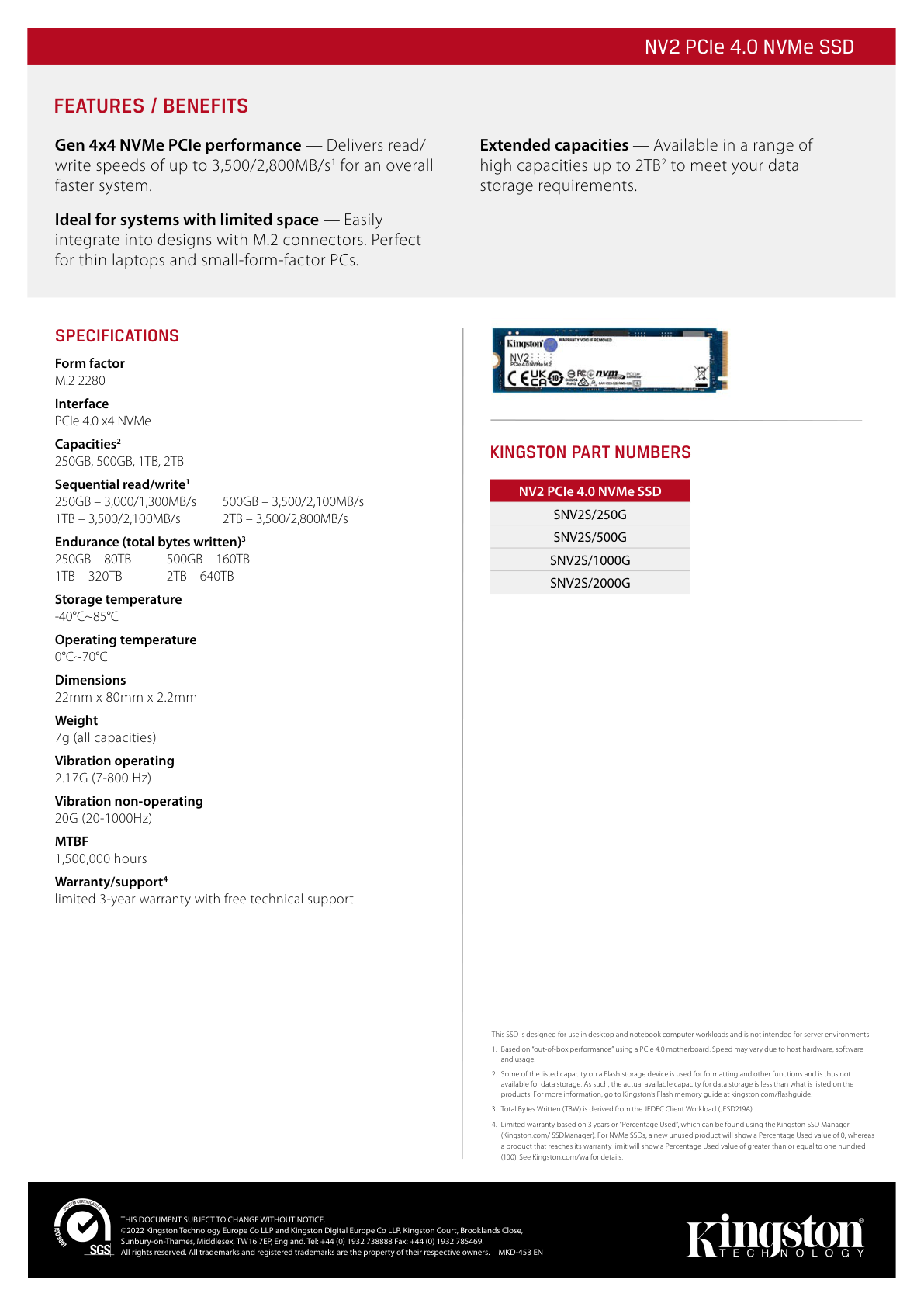 SSD M.2 2280 NVME/PCIE 250G KINGSTON NV2 4X4 3000MB/SEG SNV2S/250G