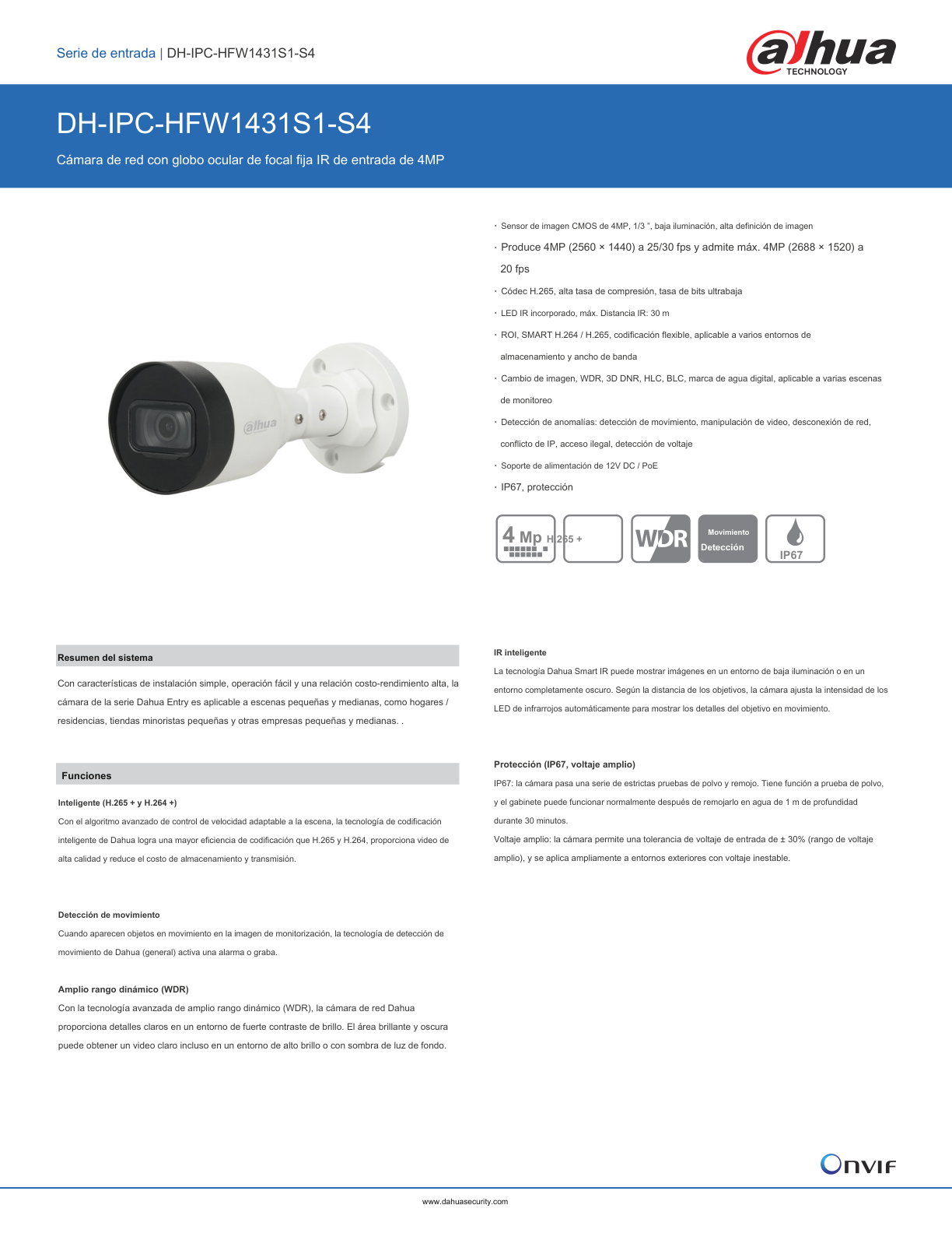 Camara Dahua DH-IPC-HFW1431S1N-0280B-S4 IP bullet 4 mpx lente 2.8 mm IR 30 m plastico exterior  h.265 93 gds aper IP67