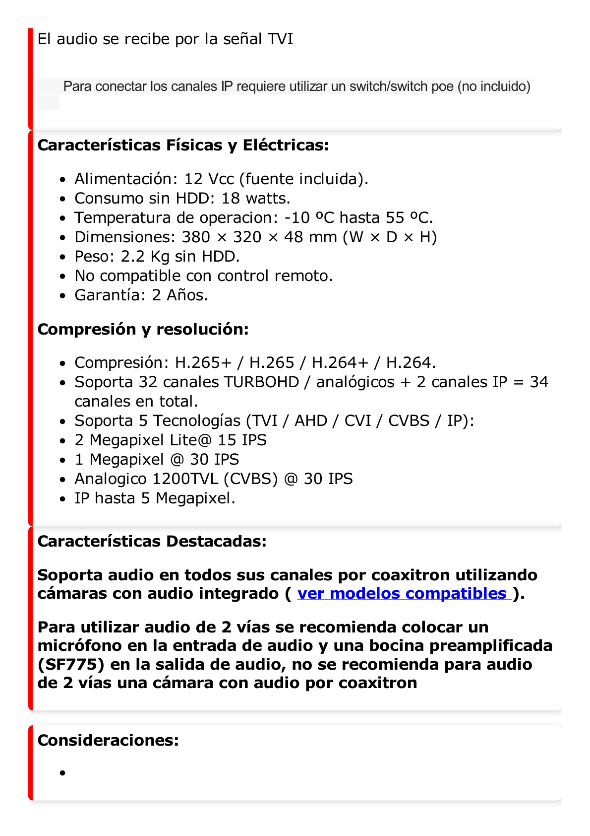 DVR 32 Canales TurboHD + 2 Canales IP / 2 Megapixel (1080p) Lite / Acusense (Evita Falsas Alarmas) / Audio por Coaxitron / H.265+ / Salida de Video en Full HD