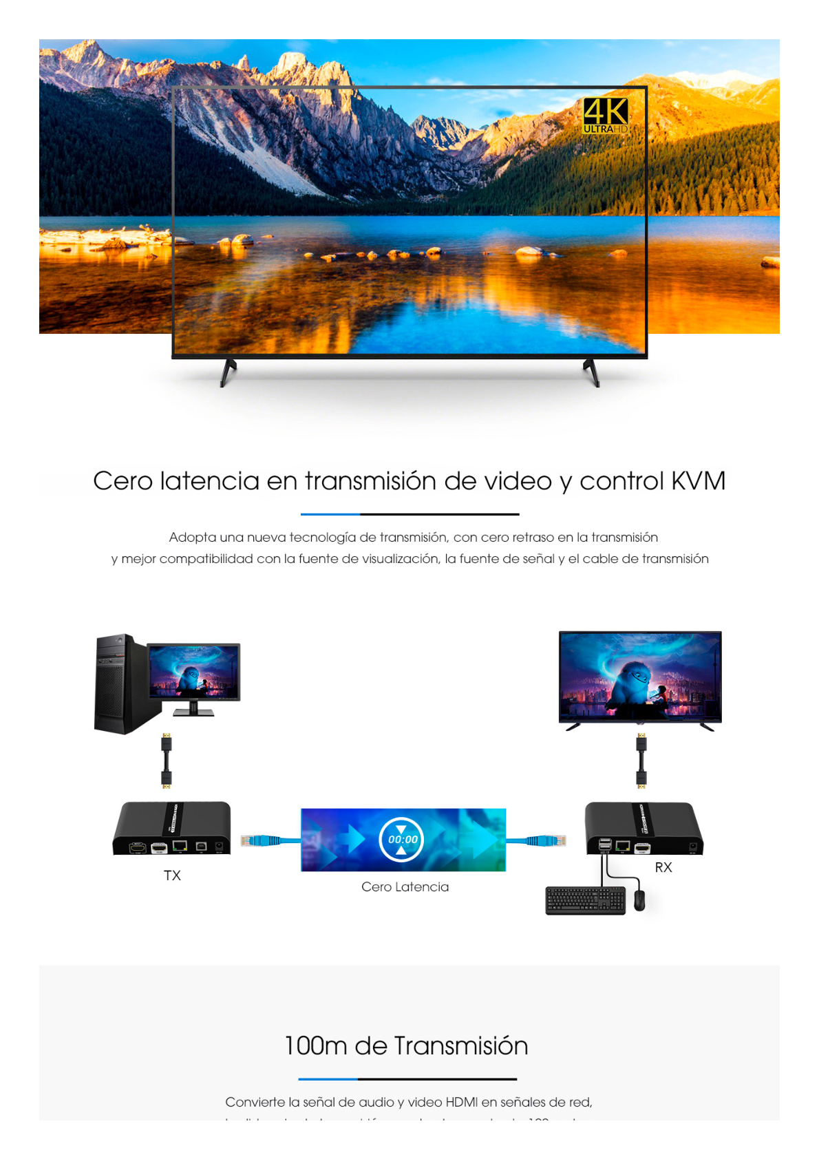 Kit extensor KVM (HDMI y USB 2.0) hasta 100 metros / Resolución 4K @ 60 Hz / Cat 6/6A/7 / CERO LATENCIA / Salida Loop / Soporta Switch Gigabit para control KVM múltiple / Soporta hasta 253