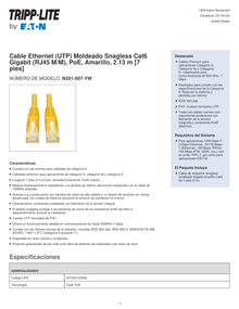 Cable patch UTP TrippLite N201-007-YW CAT 6 amarillo 2.13 m (7 pies) gigabit PoE RJ45 M/M Moldeado Snagless