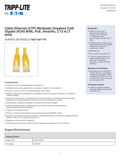 Cable patch UTP TrippLite N201-007-YW CAT 6 amarillo 2.13 m (7 pies) gigabit PoE RJ45 M/M Moldeado Snagless