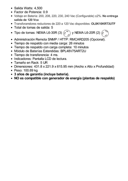 UPS de 5000 VA/4500 W, Topología Línea Interactiva, 200 - 240 Vca de Entrada, 208 Vca de Salida, Onda Senoidal Pura, Torre o Rack 5 UR, Con 3 Tomas NEMA L6-30R y 2 NEMA L6-20R