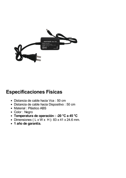 Adaptador  12 Vcc / 2 Amp / Con Terminales de Extensión / Distancias de cable hacia Vca 50 cm / Distancia de cable hacia dispositivo de 50 cm