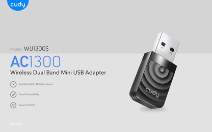 Adaptador inalámbrico USB 3.0 Cudy WU1300S Wi-Fi AC1300(2.4Ghz 400Mbps y 5Ghz 867Mbps)