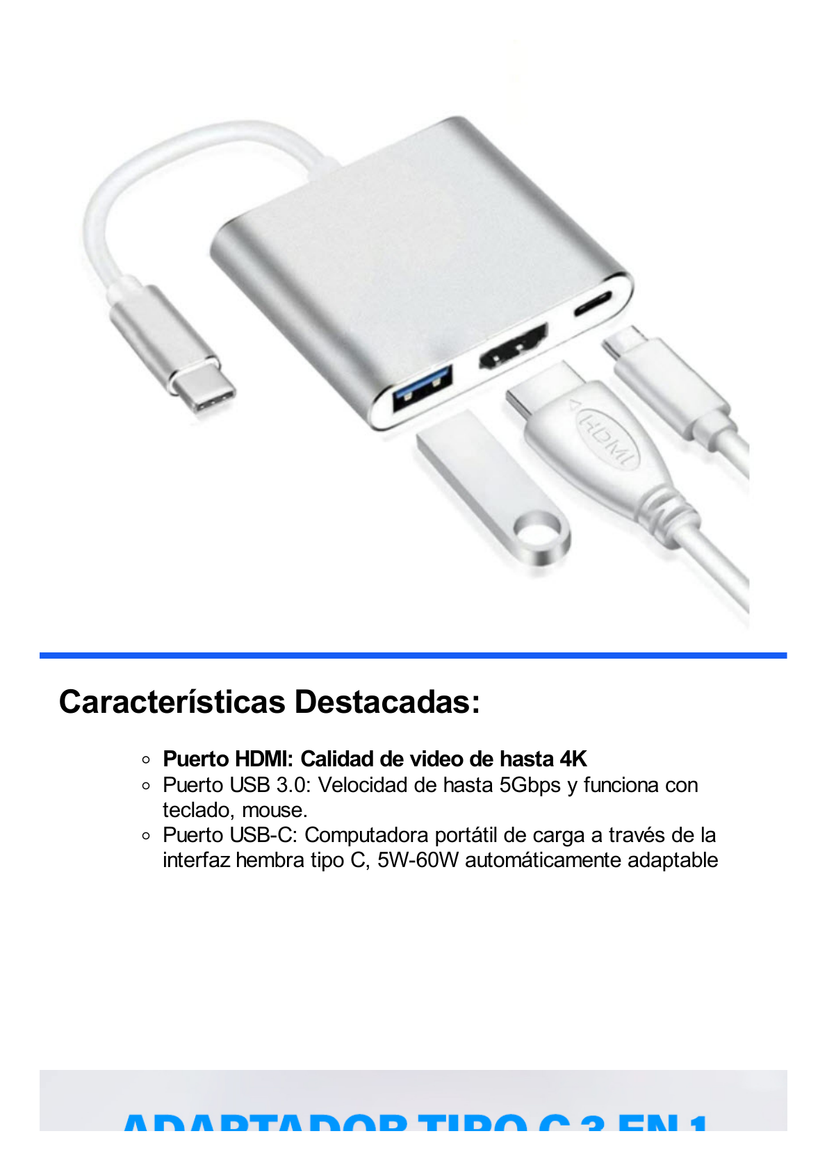 Adaptador Multipuerto USB-C 3.1 A HDMI 4K / USB 3.0 / USB – C /  Alta Velocidad de Transmisión de Datos / Admite Carga Rápida (PD) en el Puerto USB – C