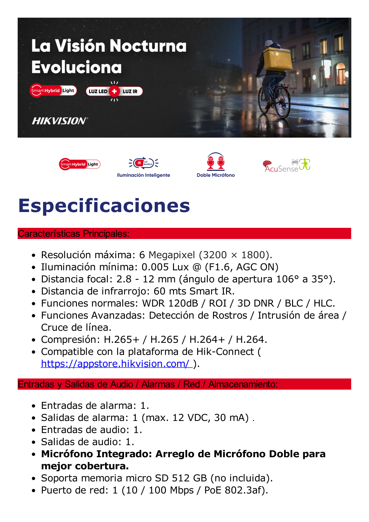 [Dual Light + 2 Micrófonos Integrados] Bala IP 6 Megapixel / Lente Mot. 2.8 a 12 mm / 60 mts Luz Blanca + 60 mts IR / Exterior IP67 / IK10 /  WDR 120 dB / PoE+ / ACUSENSE / Alarmas I/O / Micro SD / ONVIF / Metal / ACUSEARCH