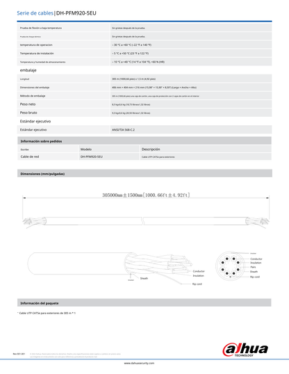 Bobina Dahua DH-PFM920-5EU de cable UTP para exterior  Cat5e 305 m 100% cobre cumple con estandares ANSI/TIA 568-C.2
