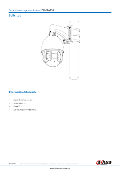 Montaje Dahua DH-PFA150-V2 para poste compatible con camaras ptz series sd65xx  sd69 sd63 sd64 sd6a sd6c