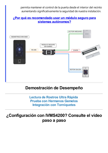 Terminal Min Moe WiFi de Reconocimiento Facial y Huella con lector PROX EM / Exterior IP65  / Hasta 1.5 mts en lectura de rostro / Soporta P2P Hik-Connect / 1,500 Rostros / 3,000 Huellas / Videoportero.