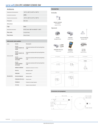 Camara Dahua DH-IPC-HDBW1230DE-SW IP domo WIFI 2 mpx lente 2.8 100 gds IR 30 m antivandalica lk10 deteccion de humanos IP67