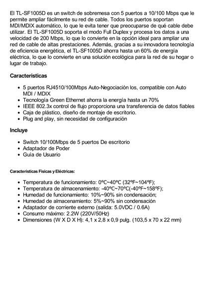 Switch de escritorio 5 puertos 10/100 Mbps