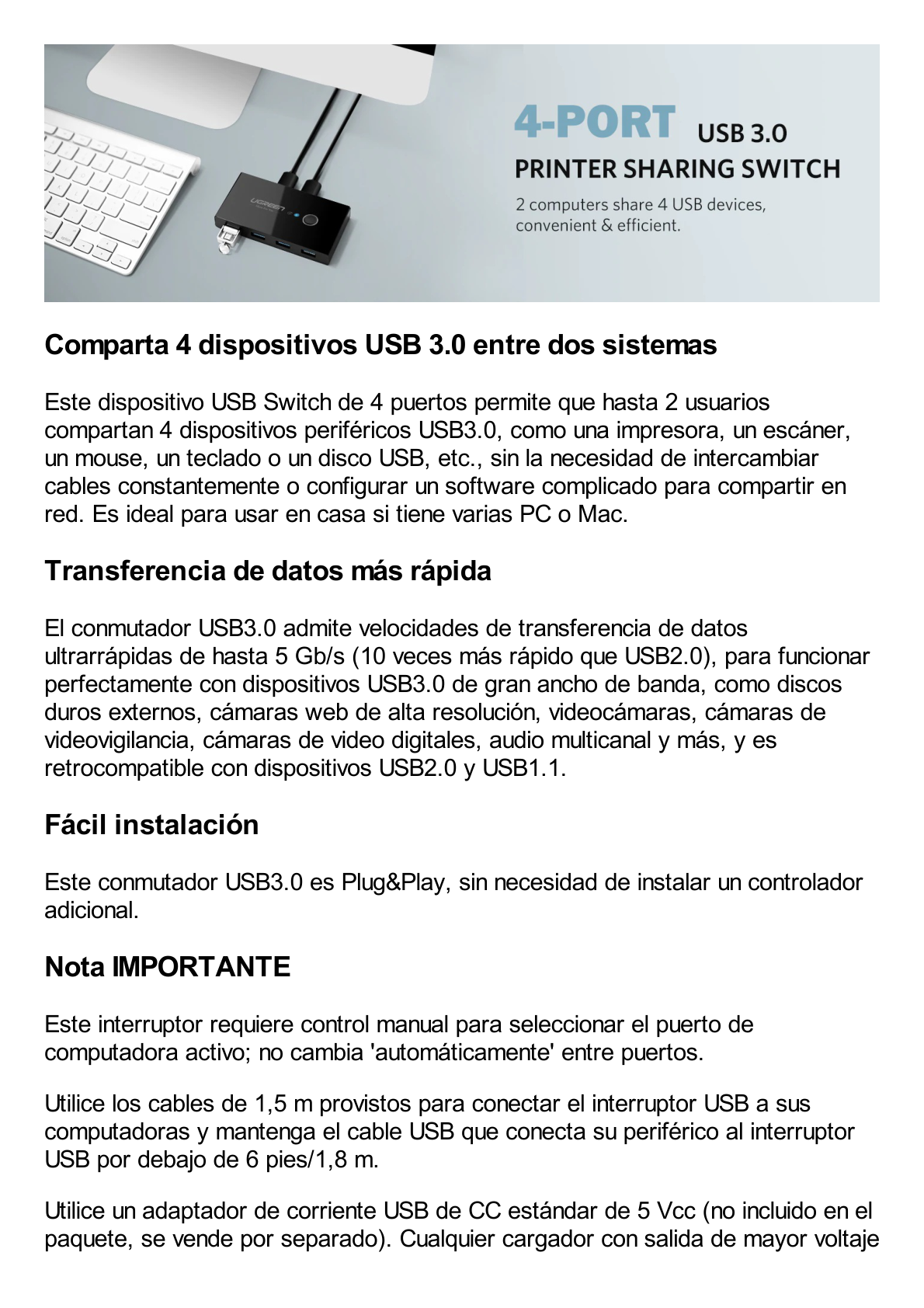 Conmutador USB para Compartir 4 Puertos USB 3.0 a 2 PC ́s | Cambio Mediante Botón | Incluye Dos Cables USB de 1.5 m | ABS | Permite que 2 Usuarios Compartan 4 Dispositivos Periféricos USB3.0, como una impresora, un escáner, etc.