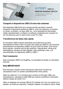 Conmutador USB para Compartir 4 Puertos USB 3.0 a 2 PC ́s | Cambio Mediante Botón | Incluye Dos Cables USB de 1.5 m | ABS | Permite que 2 Usuarios Compartan 4 Dispositivos Periféricos USB3.0, como una impresora, un escáner, etc.