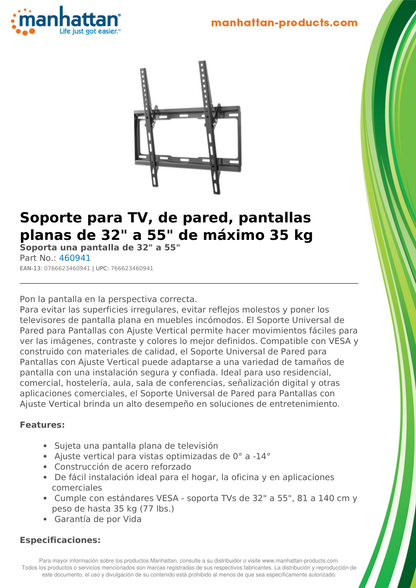 SOPORTE MANHATTAN PARA TV 32 A 55 PULG PARED 35KG AJUSTE VERTICAL PANTALLAS PLANAS 460941