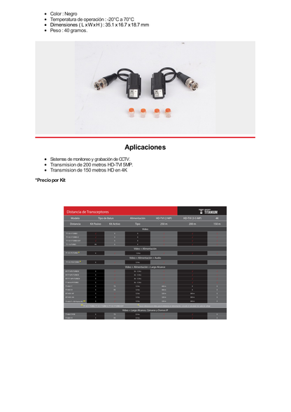 Kit de Transceptores (Baluns) para EXTERIOR TurboHD Hasta 4K HD-TVI / HD-CVI / AHD / CVBS / COAXITRON / AUDIO POR COAXITRON  / Menu OSD / CONECTORES 100% COBRE / Con Cable RF Blindado. Distancia de hasta 200 m en 4K. Calidad PREMIUM