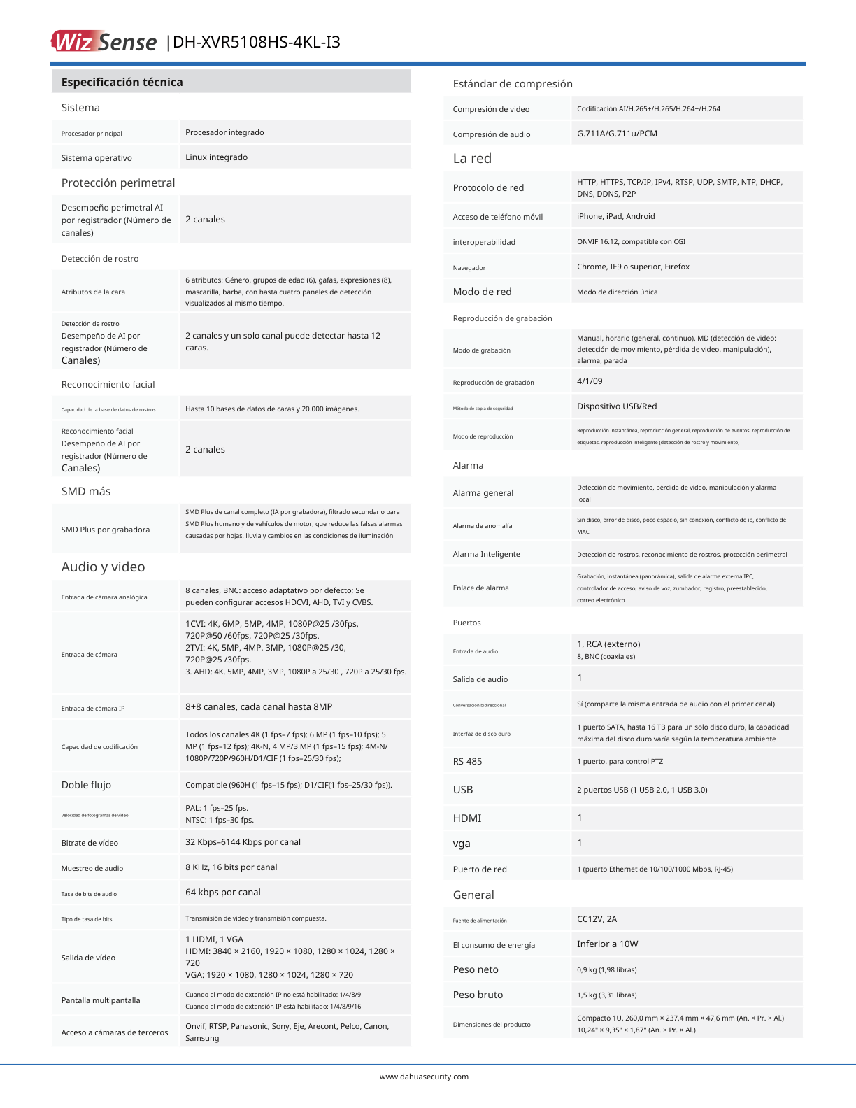 DVR Dahua DH-XVR5108HS-4KL-I3 8 canales 4k wizsense +8 ip hasta 16 canales ip reconocimiento facial IA