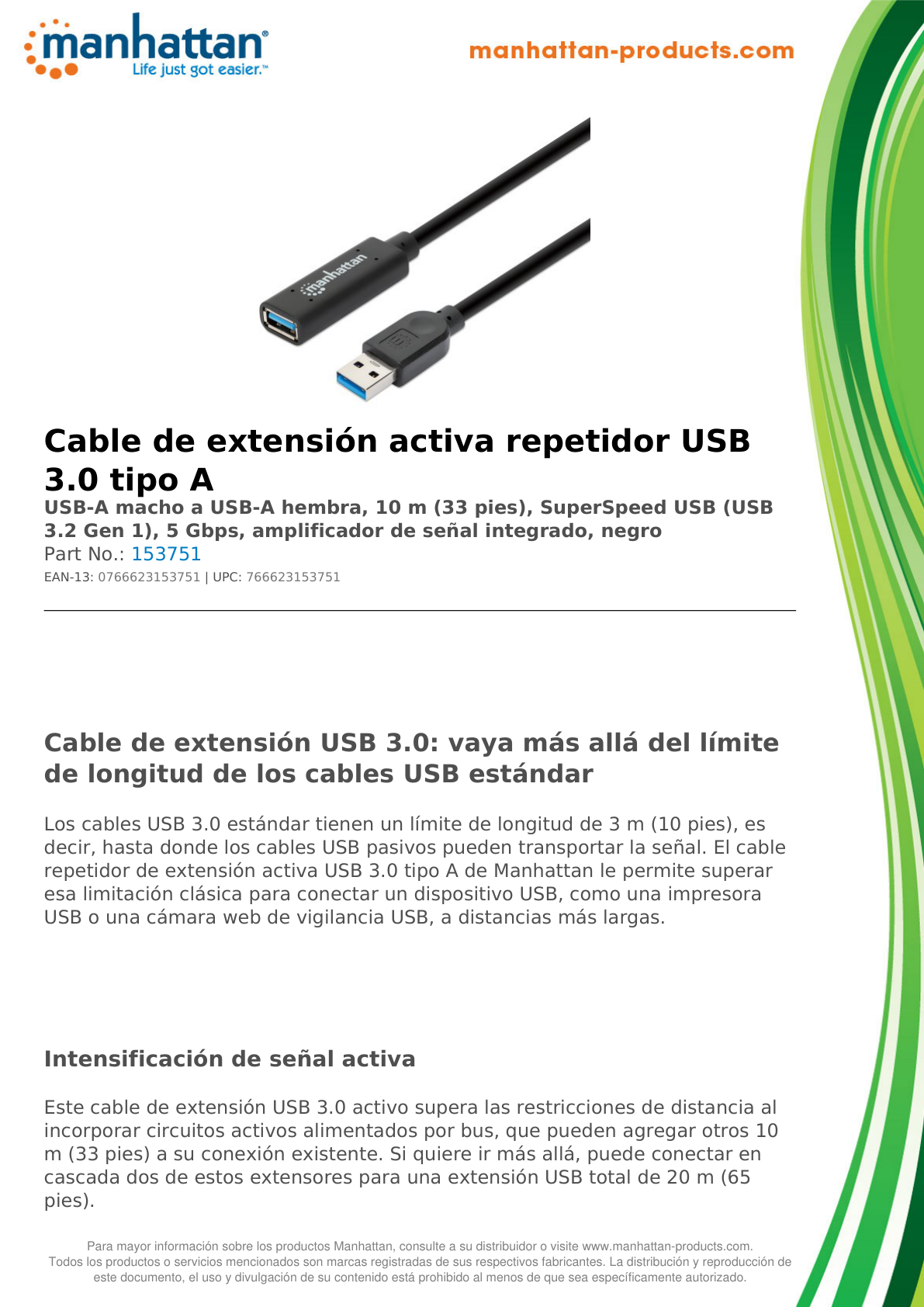 Cable Manhattan Extension activa USB V3.0 10M negro