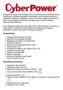 UPS de 750 VA/300 W, Topología Línea Interactiva, Entrada 120 Vca NEMA 5-15P, y 6 Salidas NEMA 5-15R, Con Regulador de Voltaje (AVR)