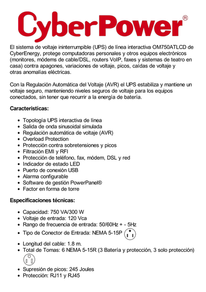 UPS de 750 VA/300 W, Topología Línea Interactiva, Entrada 120 Vca NEMA 5-15P, y 6 Salidas NEMA 5-15R, Con Regulador de Voltaje (AVR)