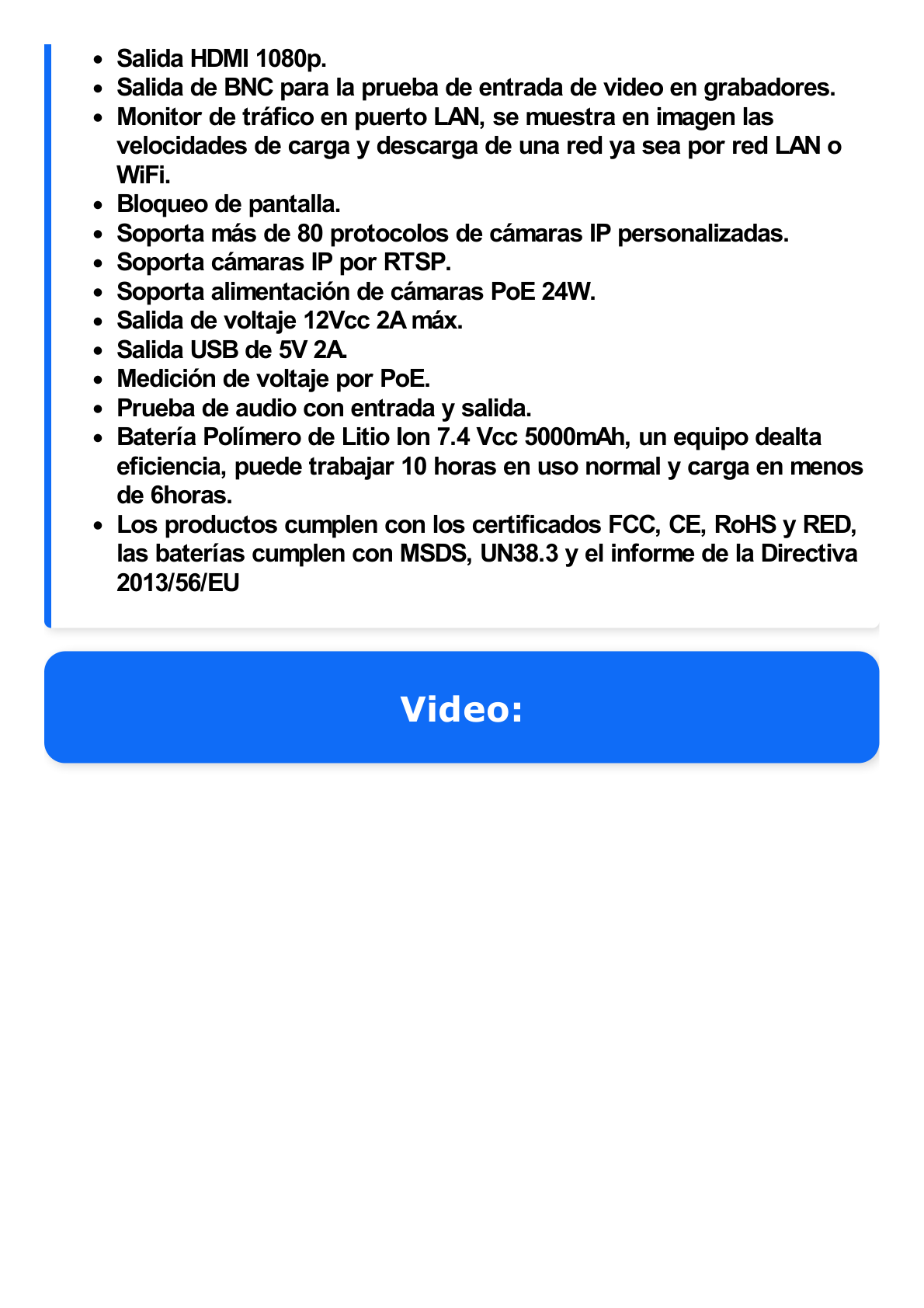 Probador de Vídeo Android con Pantalla LCD de 7" para IP ONVIF / HD-TVI (8MP), HD-CVI (8MP) y AHD (5MP) / Wi-Fi, Scanner IP, WiFi, entrada HDMI