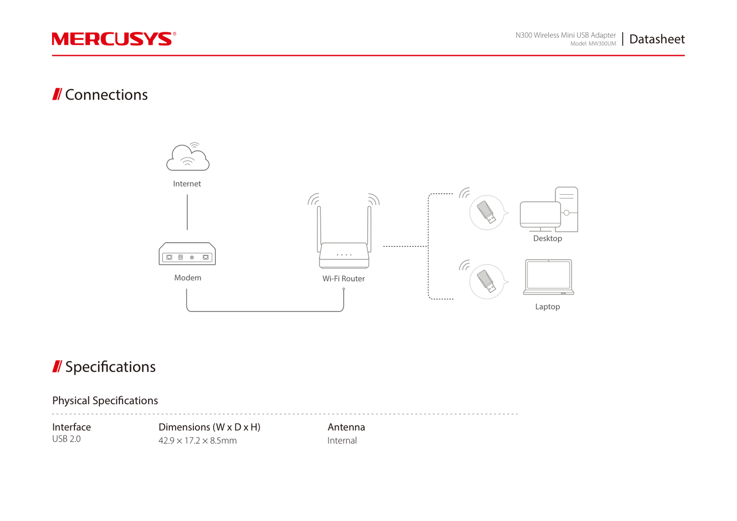 Adaptador inalámbrico USB 2.0 Mercusys MW300UM N 300Mbps 2.4GHz