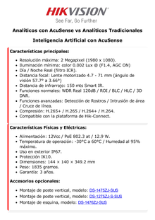 Bala IP 2 Megapixel / Lente Mot. 4.7 a 71 mm (15X Zoom)  / 150 mts IR EXIR / IP67 / IK10 / WDR 120 dB / PoE + / AcuSense / Videoanaliticos Integrados / MicroSD