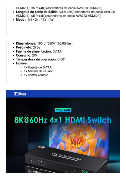 Switch Conmutador  HDMI 4X1 | 4 Entradas 1 Salida | Velocidad de trasmisión 48 Gbps | Resolución 8K | Salida de audio | HDCP 2.3